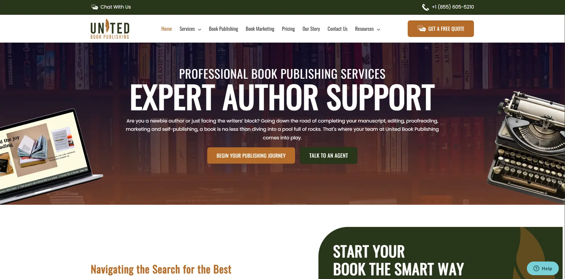 United Book Publishing homepage with navigation and hero banner