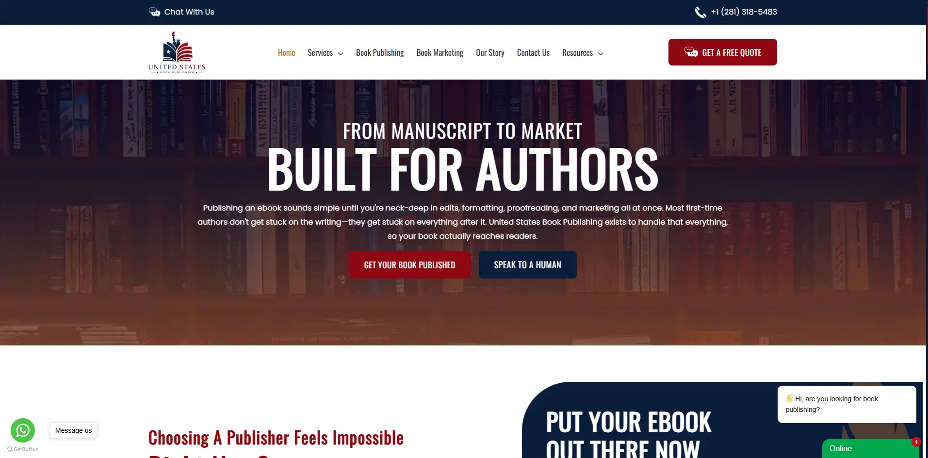 Screenshot of unitedstatesbookpublishing.com, a lookalike site