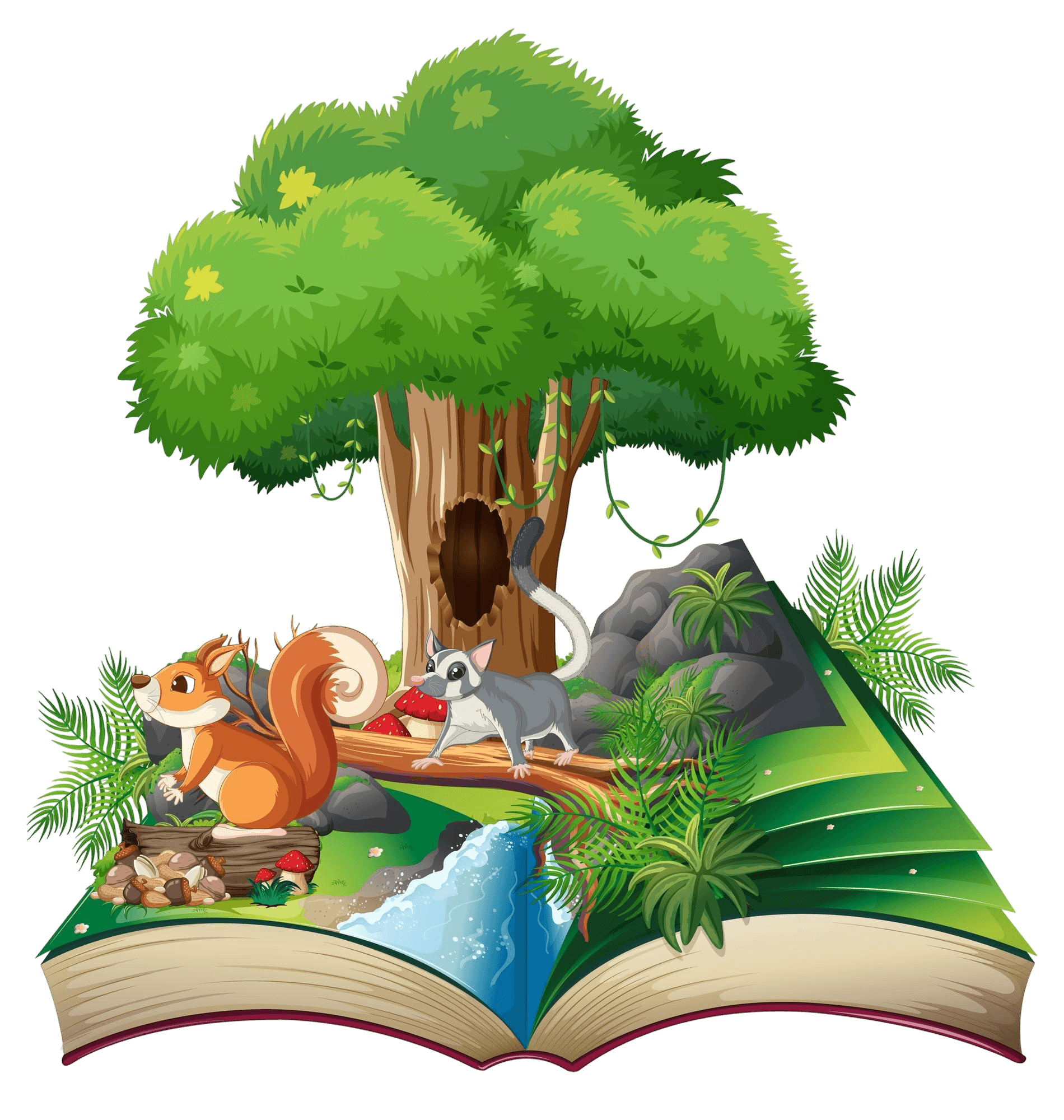 Children's book illustration with tree and animals